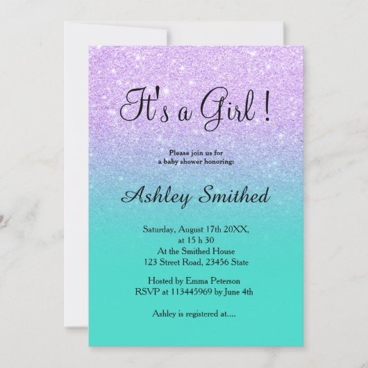 Lavender glitter turkooise ombre girl baby shower kaart (Voorkant)