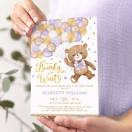 Lavender Gold Brown Teddy Bear Girl Baby shower Kaart