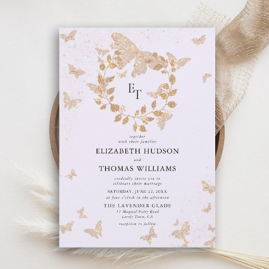Lavender Gold Butterflies Eucalyptus Crest Wedding Kaart