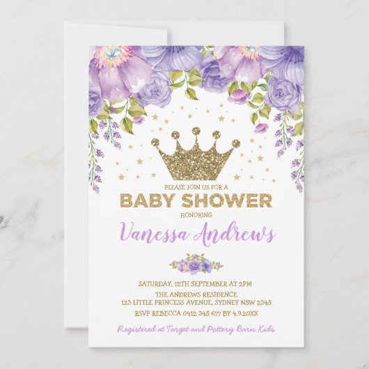 Lavender Gold Crown Princess Floral Baby shower Kaart (Voorkant)