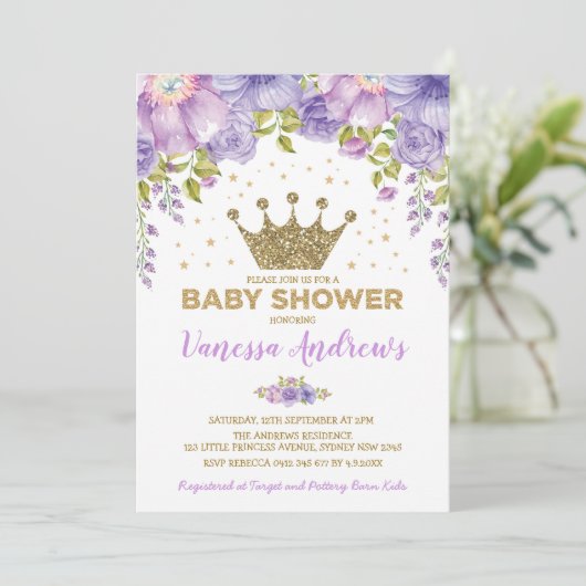 Lavender Gold Crown Princess Floral Baby shower Kaart (Staand voorkant)