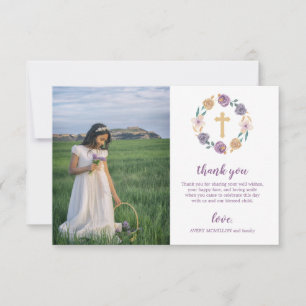 Lavender & Gold Floral Cross First Heilige Communi Bedankkaart