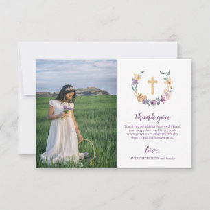 Lavender & Gold Floral Cross First Heilige Communi Bedankkaart