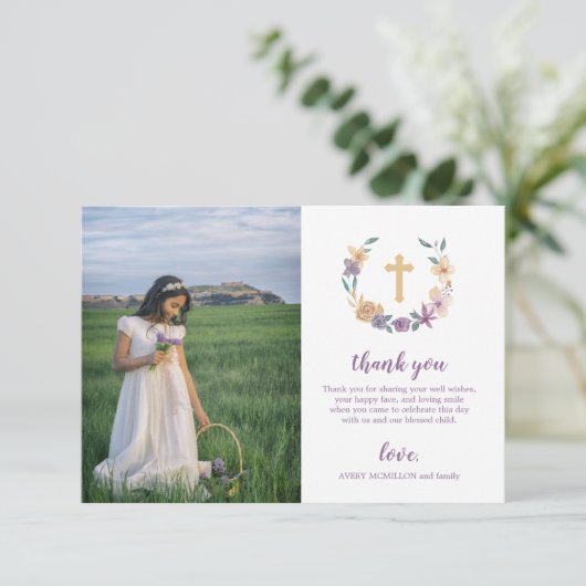 Lavender & Gold Floral Cross First Heilige Communi Bedankkaart (Staand voorkant)