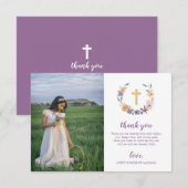 Lavender & Gold Floral Cross First Heilige Communi Bedankkaart (Voorkant / Achterkant)