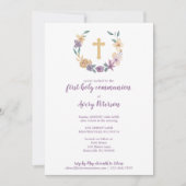 Lavender & Gold Floral Cross First Heilige Communi Kaart (Voorkant)