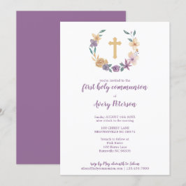 Lavender & Gold Floral Cross First Heilige Communi Kaart