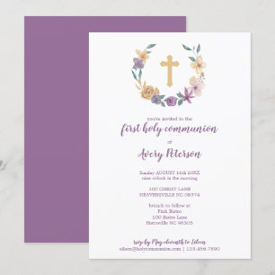 Lavender & Gold Floral Cross First Heilige Communi Kaart
