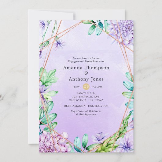 Lavender & Gold Floral Geometric Engagement Party Kaart (Voorkant)