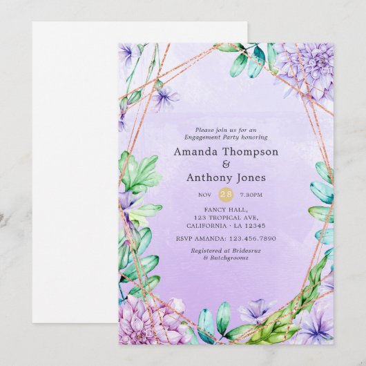Lavender & Gold Floral Geometric Engagement Party Kaart (Voorkant / Achterkant)