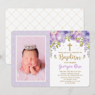 Lavender Gold Floral/Girl Baptism Christening Kaart