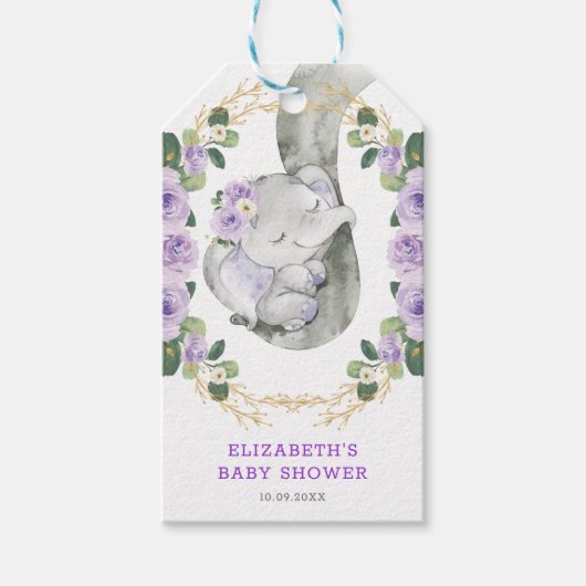 Lavender Gold Floral Greenery Elephant Baby shower Cadeaulabel (Voorkant)