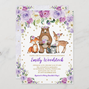 Lavender Gold Floral Woodland Animals Baby shower Kaart