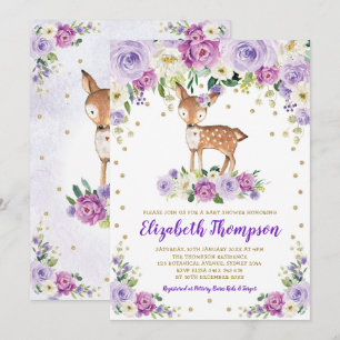 Lavender Gold Floral Woodland Deer Baby shower Kaart