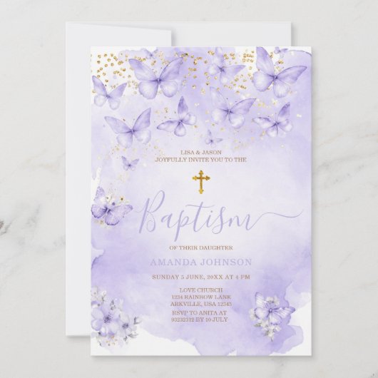 Lavender Gold Purple Butterfly Baptism Invitation Kaart (Voorkant)