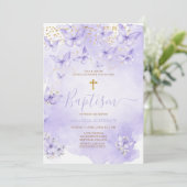 Lavender Gold Purple Butterfly Baptism Invitation Kaart (Staand voorkant)