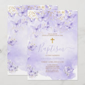 Lavender Gold Purple Butterfly Baptism Invitation Kaart (Voorkant / Achterkant)