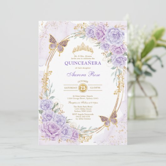 Lavender Gold Quinceanera Mis Quince 15 Anos Kaart (Staand voorkant)
