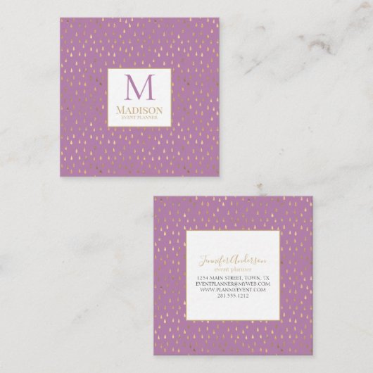 Lavender Gold Raindrop Modern Trendy Monogram Vierkante Visitekaartje (Voorkant / Achterkant)