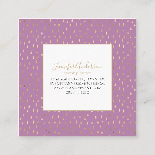 Lavender Gold Raindrop Modern Trendy Monogram Vierkante Visitekaartje (Achterkant)
