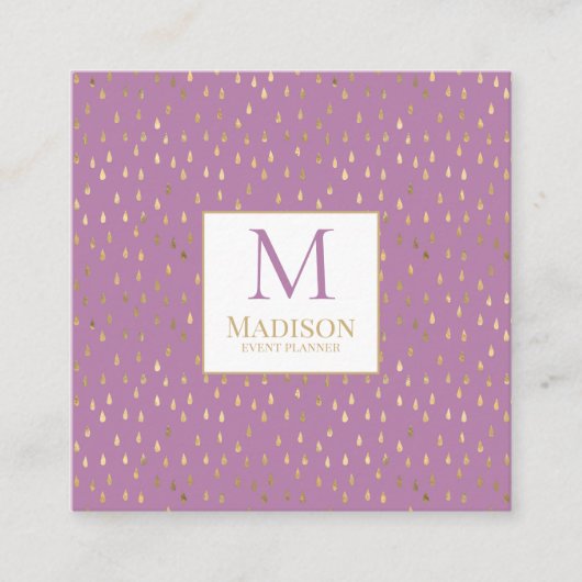 Lavender Gold Raindrop Modern Trendy Monogram Vierkante Visitekaartje (Voorkant)