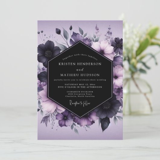 Lavender Gothic Bloom Wedding Kaart (Staand voorkant)