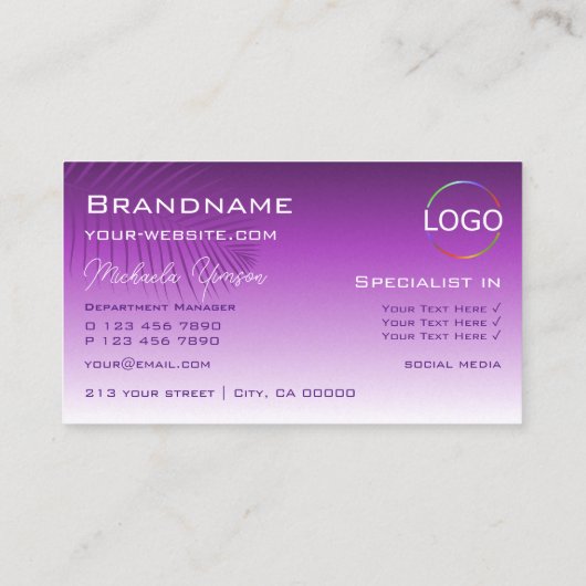 Lavender Gradient Palm Leaf met Logo Professional Visitekaartje (Achterkant)