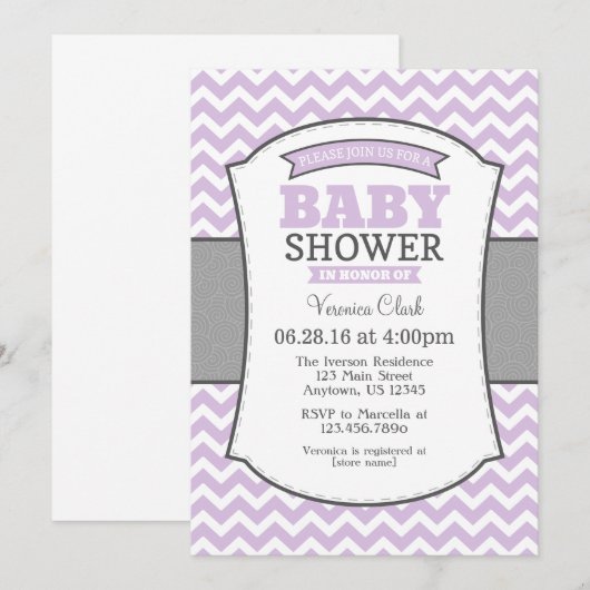 Lavender Gray Chevron Baby shower Uitnodiging (Voorkant / Achterkant)