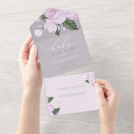 Lavender Gray Floral Girl Baby in Bloom Shower All In One Uitnodiging