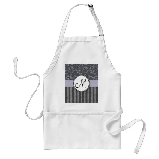 Lavender Gray Floral Wisps & Stripes met monogram Standaard Schort (Voorkant)