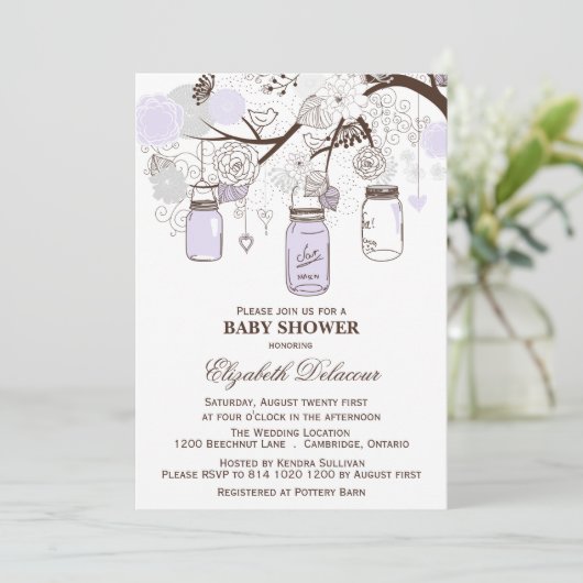 Lavender & Gray Mason Jars Baby shower Uitnodiging (Staand voorkant)