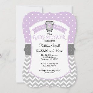 Lavender Gray Polka Dot Chevron Baby shower Invite Kaart