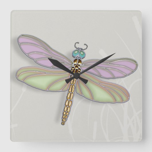 Lavender & Green Dragonfly Vierkante Klok (Voorkant)