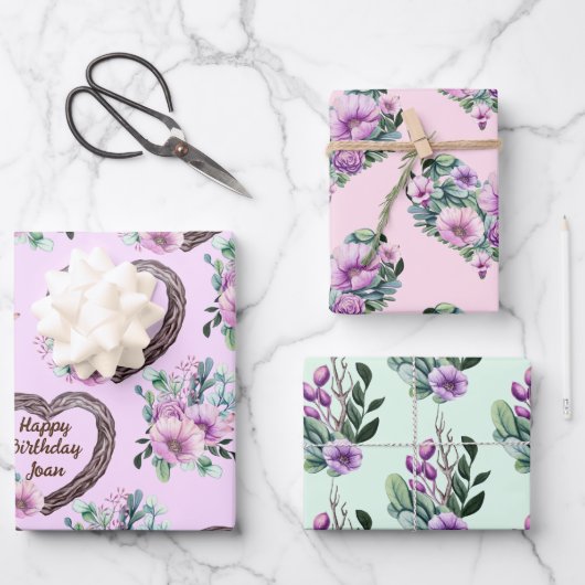Lavender & Green Floral Hearts Personaliseer Naam Inpakpapier Vel (Voorkant)