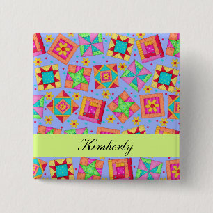 Lavender Green Patchwork Quilt Blocks Name Badge Vierkante Button 5,1 Cm