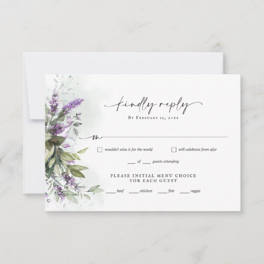 Lavender Greenery Minimalist Script Wedding RSVP (Voorkant)