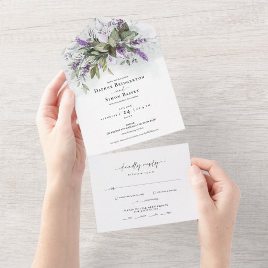 Lavender Greenery Script All in One Wedding Invite All In One Uitnodiging (Afscheurbaar)
