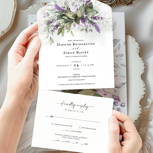 Lavender Greenery Script All in One Wedding Invite All In One Uitnodiging