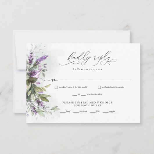 Lavender Greenery Script Wedding RSVP Reply Kaart (Voorkant)
