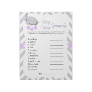 Lavender & Grey Elephant Baby shower Word Game Notitieblok