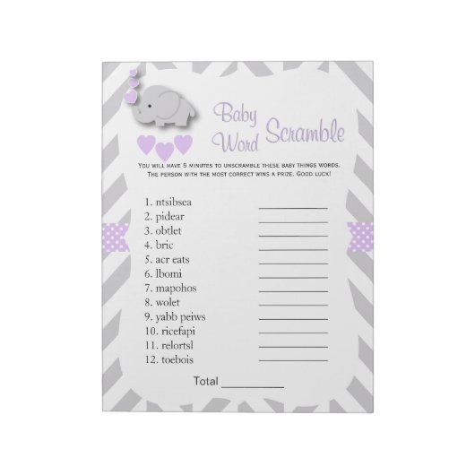 Lavender & Grey Elephant Baby shower Word Game Notitieblok (Linkerzijde)