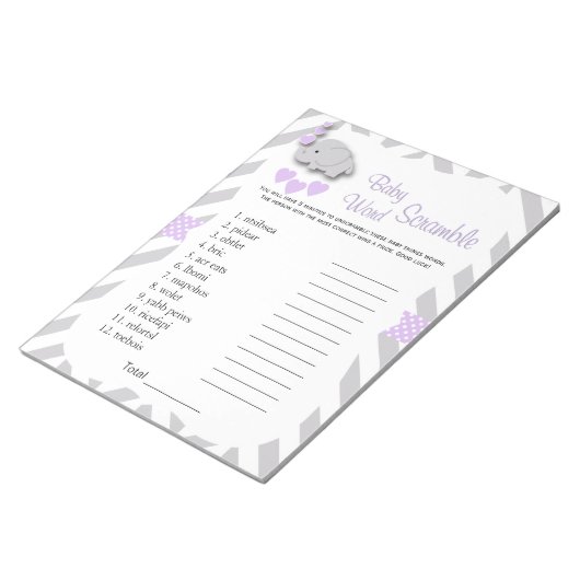 Lavender & Grey Elephant Baby shower Word Game Notitieblok (Schuin)