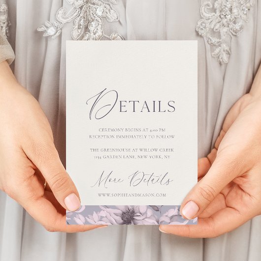 Lavender Grey Floral Wedding Details Card Kaart