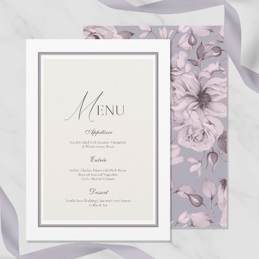 Lavender Grey Floral Wedding Menu Card Kaart