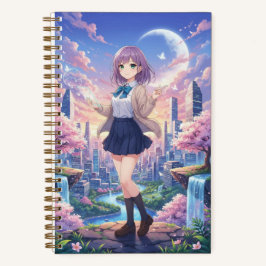 Lavender Hair Anime Girl & Sunset Cityscape  Notitieboek