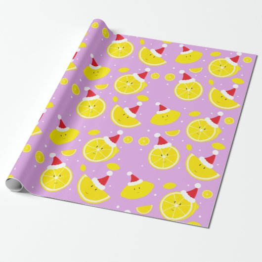 Lavender Happy Lemons Santa Hats Pattern Cadeaupapier (Uitgerold)