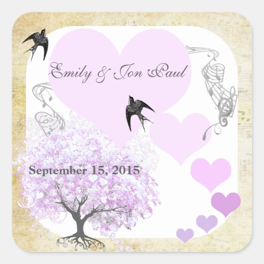 Lavender Heart Leaf Tree Wedding Vierkante Sticker (Voorkant)