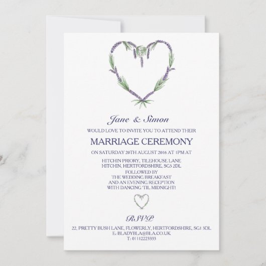 Lavender Heart Wedding Invitation Kaart (Voorkant)