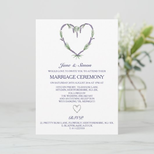 Lavender Heart Wedding Invitation Kaart (Staand voorkant)