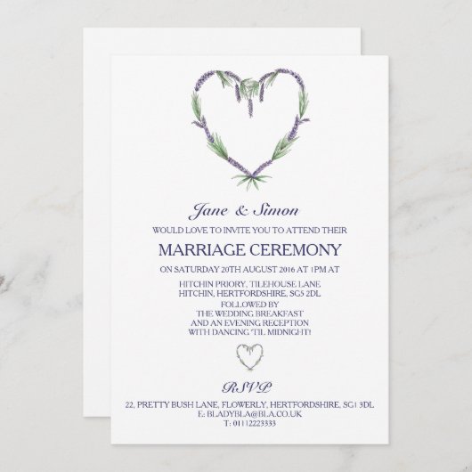 Lavender Heart Wedding Invitation Kaart (Voorkant / Achterkant)